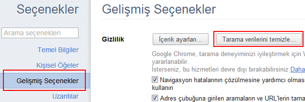 Ayarlar > Seenekler > Gelimi Seenekler ve Gizlilik