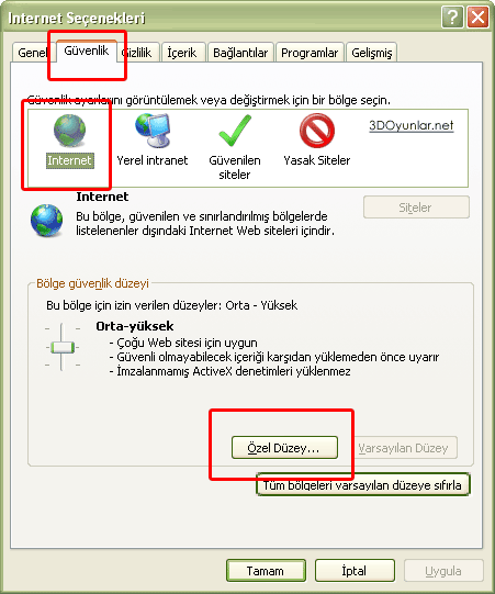 Internet Seenekleri > Gvenlik > nternet > zel Dzey
