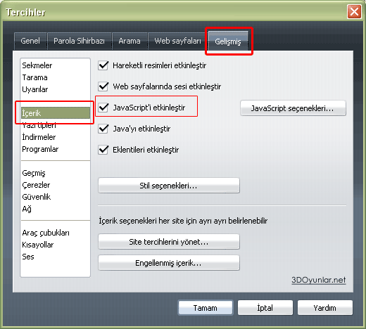 Tercihler > Gelimi > erik > JavaScript'i etkinletir